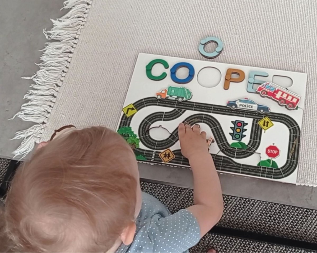 Personalized Track Name Toddler Puzzle Unique Gift Girl Boy Ages 1 3 Road Cars Kids Busy Board Montessori board Rainbow