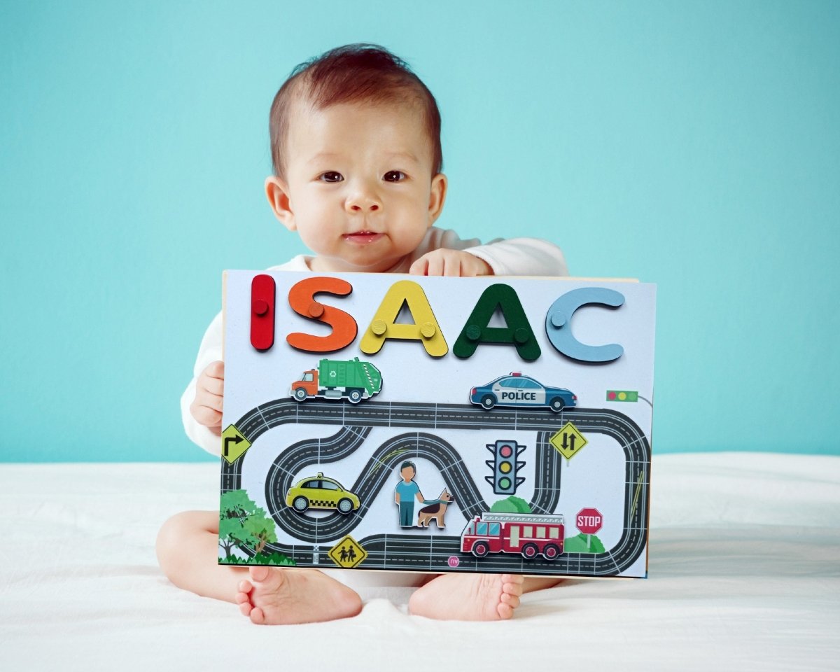 Personalized Track Name Toddler Puzzle Unique Gift Girl Boy Ages 1 3 Road Cars Kids Busy Board Montessori board Rainbow