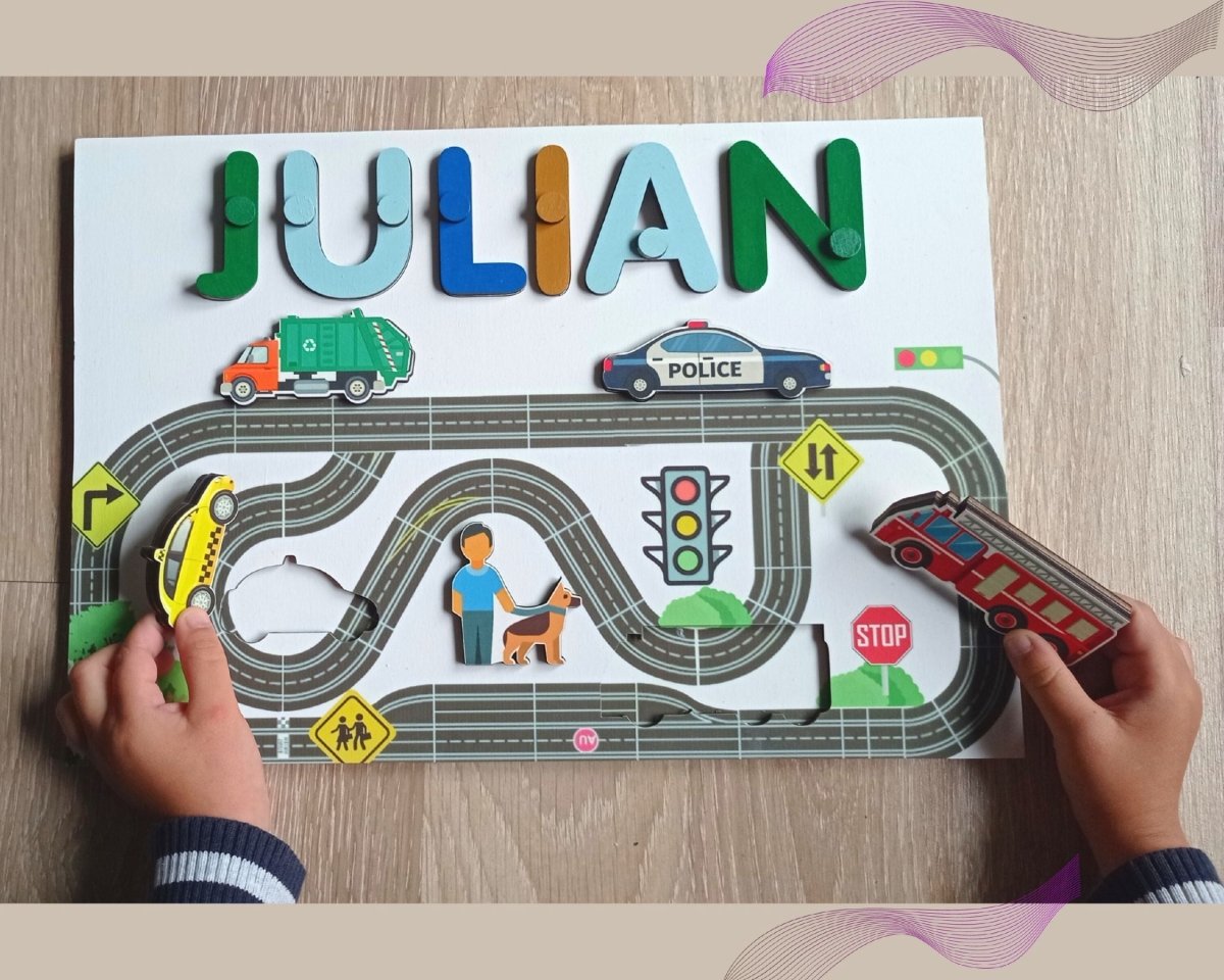 Personalized Track Name Toddler Puzzle Unique Gift Girl Boy Ages 1 3 Road Cars Kids Busy Board Montessori board Rainbow