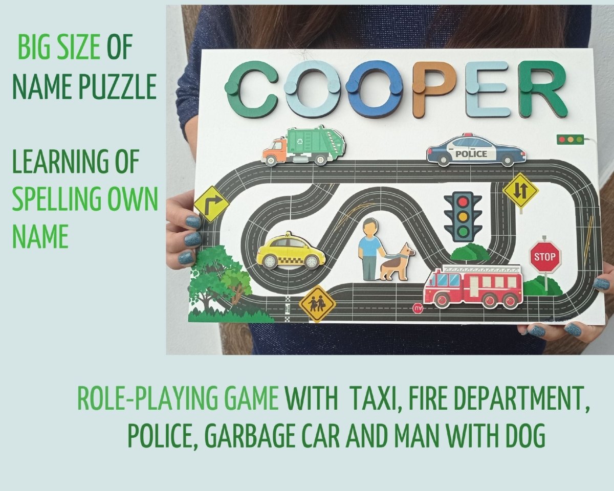 Personalized Track Name Toddler Puzzle Unique Gift Girl Boy Ages 1 3 Road Cars Kids Busy Board Montessori board Rainbow