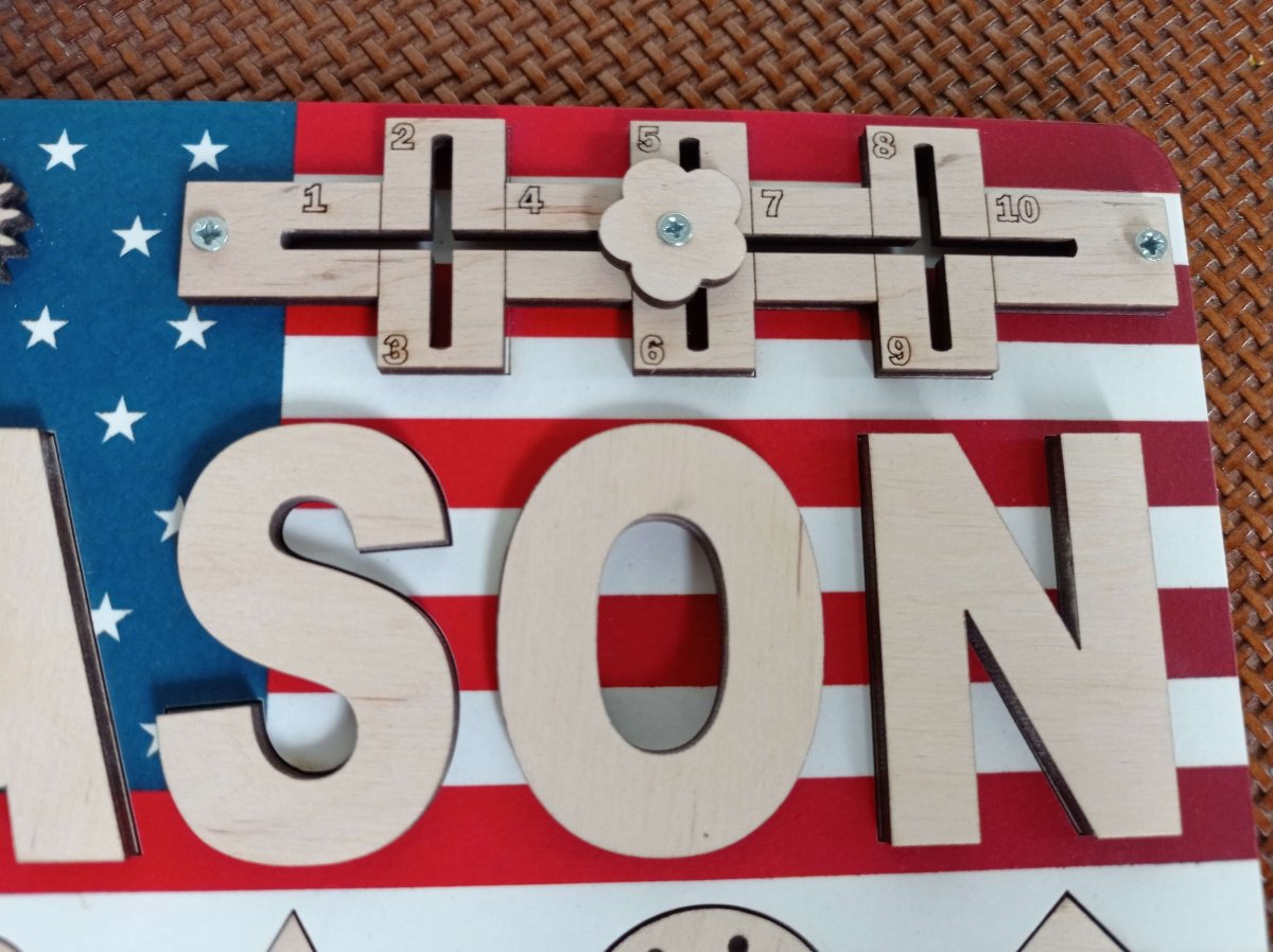 Personalized USA Flag Busy Board and Baby Name Puzzle Unique American Birthday Gift Girl Boys Ages 1 3 Red White Blue