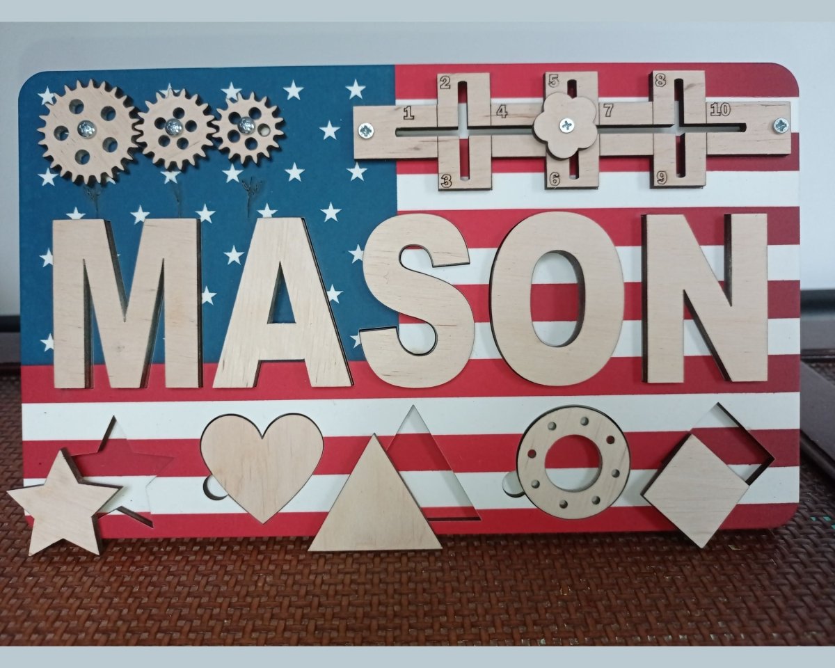 Personalized USA Flag Busy Board and Baby Name Puzzle Unique American Birthday Gift Girl Boys Ages 1 3 Red White Blue