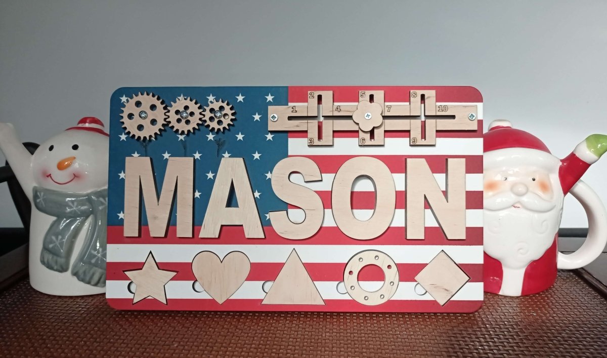 Personalized USA Flag Busy Board and Baby Name Puzzle Unique American Birthday Gift Girl Boys Ages 1 3 Red White Blue