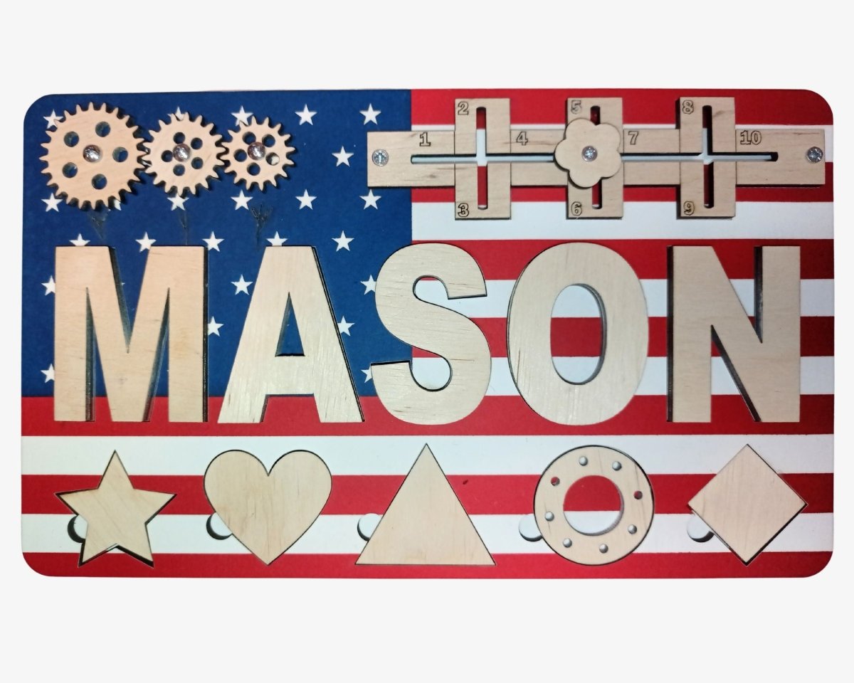 Personalized USA Flag Busy Board and Baby Name Puzzle Unique American Birthday Gift Girl Boys Ages 1 3 Red White Blue