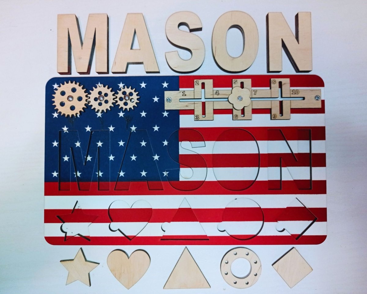 Personalized USA Flag Busy Board and Baby Name Puzzle Unique American Birthday Gift Girl Boys Ages 1 3 Red White Blue