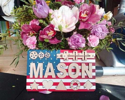 Personalized USA Flag Busy Board and Baby Name Puzzle Unique American Birthday Gift Girl Boys Ages 1 3 Red White Blue