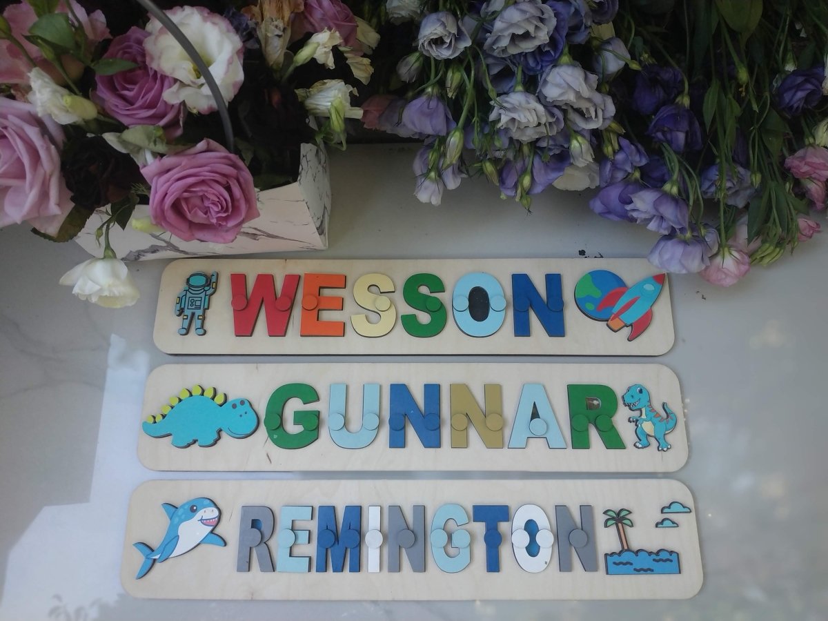 Personalized Wooden Toddler Name Puzzle Dino Shark Unicorn Cosmic Kid Theme Montessori Baby Toy Nursery Decor Gift Girl Boy