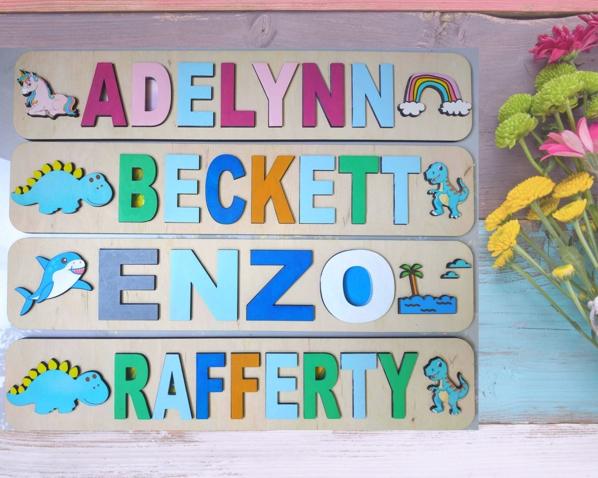 Personalized Wooden Toddler Name Puzzle Dino Shark Unicorn Cosmic Kid Theme Montessori Baby Toy Nursery Decor Gift Girl Boy