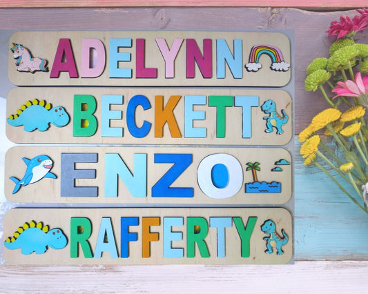 Personalized Wooden Toddler Name Puzzle Dino Shark Unicorn Cosmic Kid Theme Montessori Baby Toy Nursery Decor Gift Girl Boy