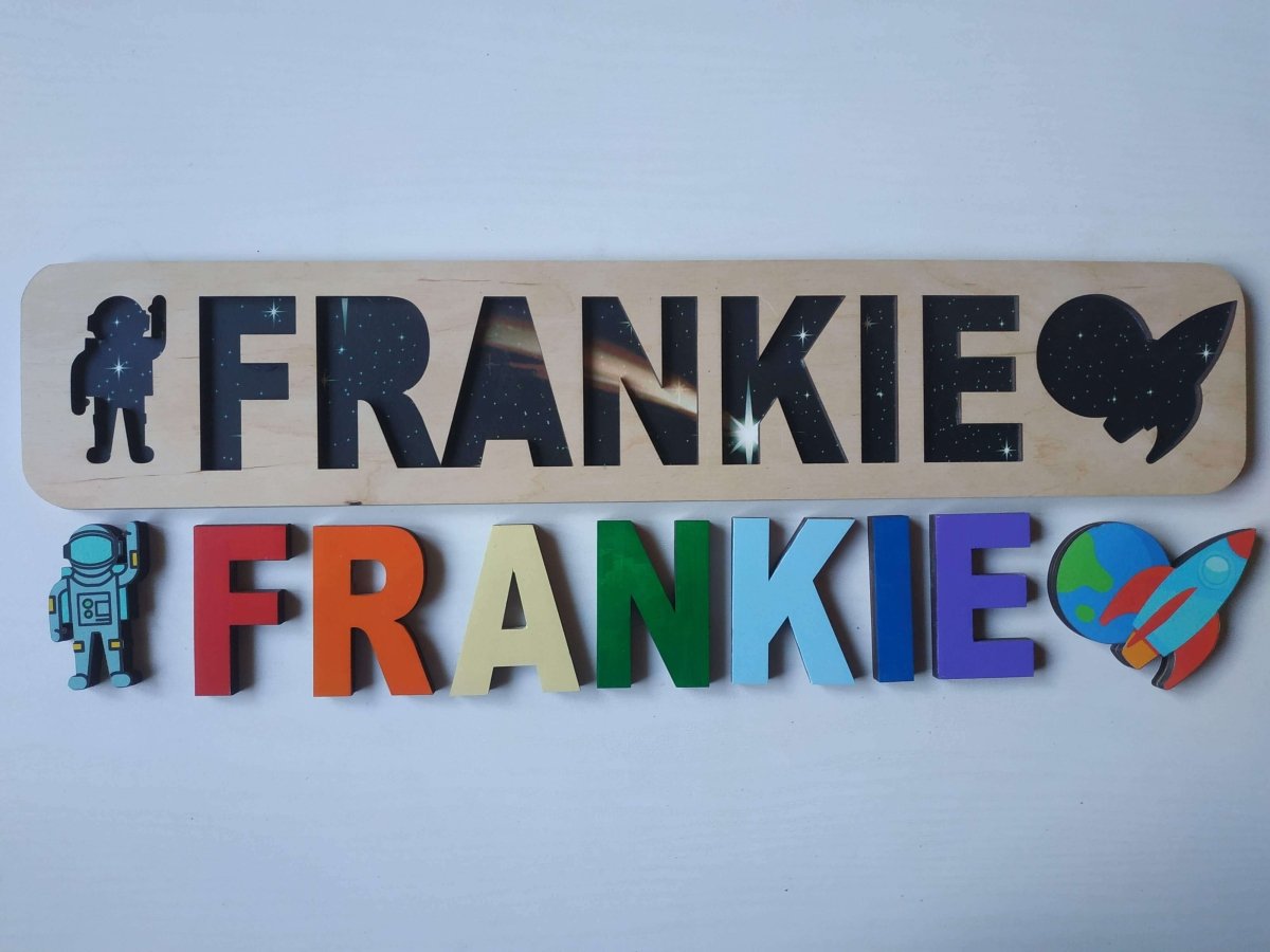 Personalized Wooden Toddler Name Puzzle Dino Shark Unicorn Cosmic Kid Theme Montessori Baby Toy Nursery Decor Gift Girl Boy