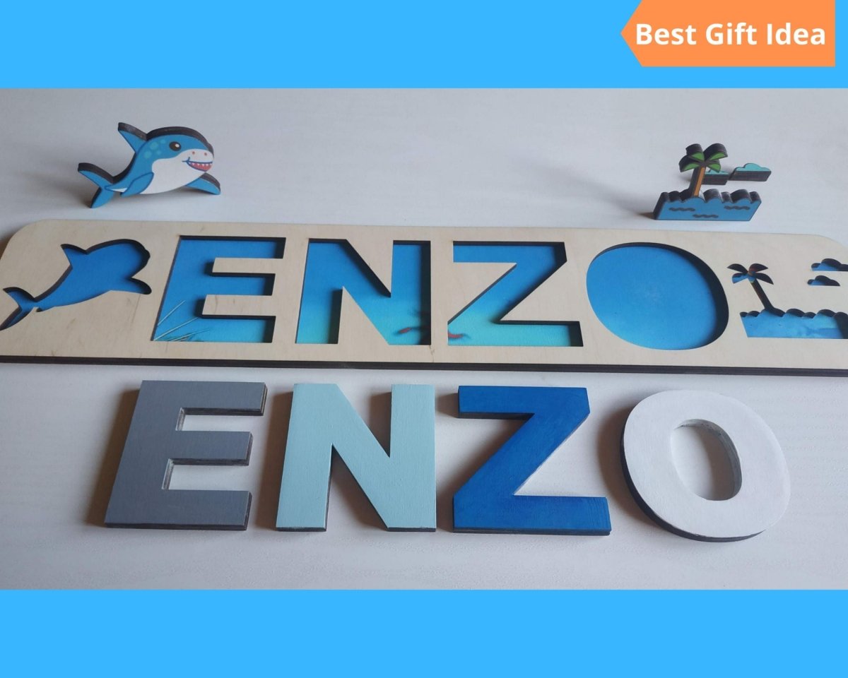 Personalized Wooden Toddler Name Puzzle Dino Shark Unicorn Cosmic Kid Theme Montessori Baby Toy Nursery Decor Gift Girl Boy