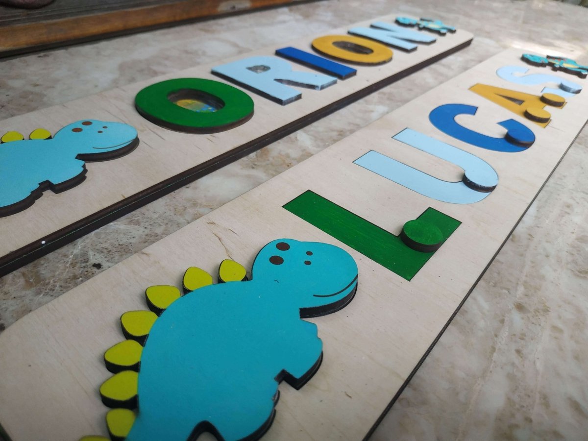 Personalized Wooden Toddler Name Puzzle Dino Shark Unicorn Cosmic Kid Theme Montessori Baby Toy Nursery Decor Gift Girl Boy