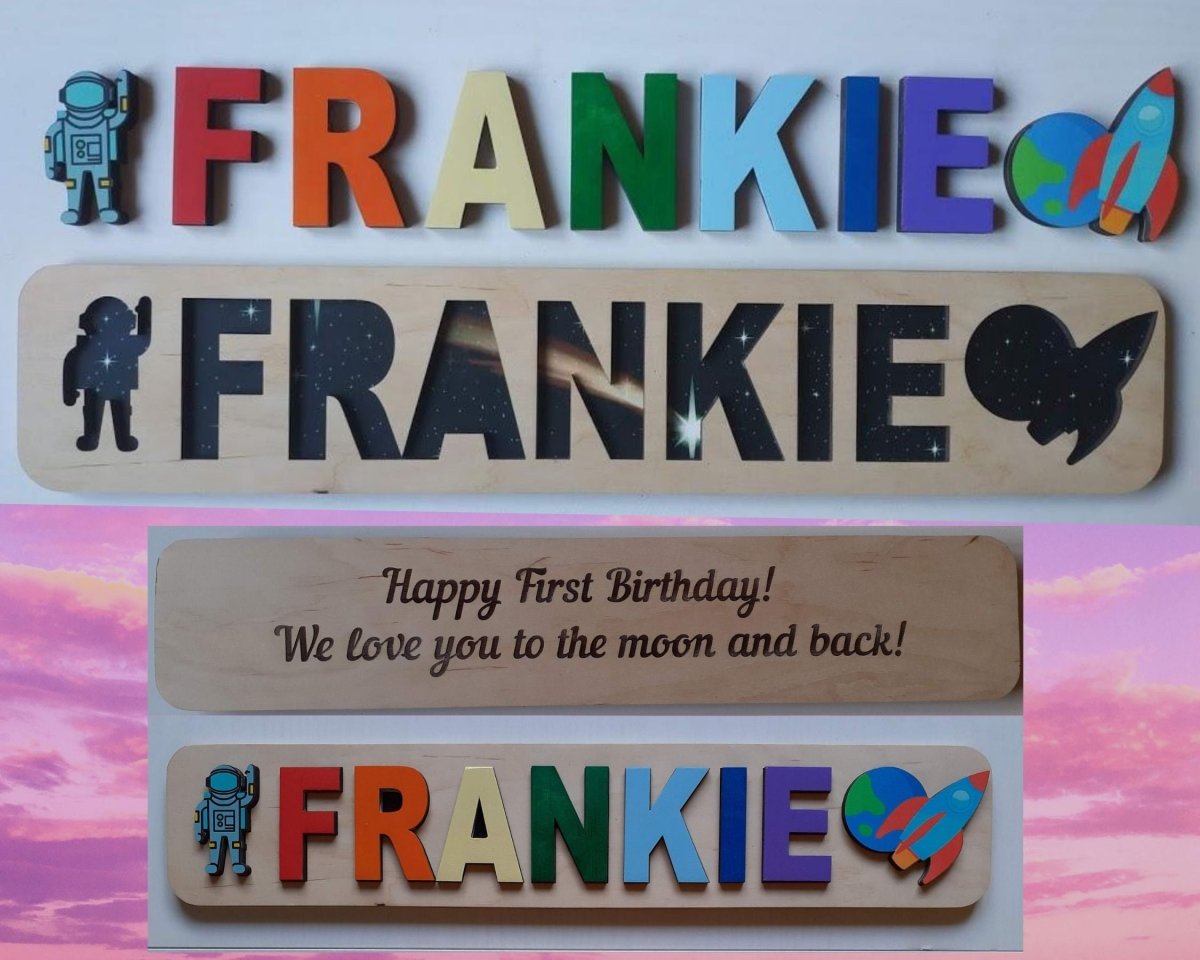 Personalized Wooden Toddler Name Puzzle Dino Shark Unicorn Cosmic Kid Theme Montessori Baby Toy Nursery Decor Gift Girl Boy