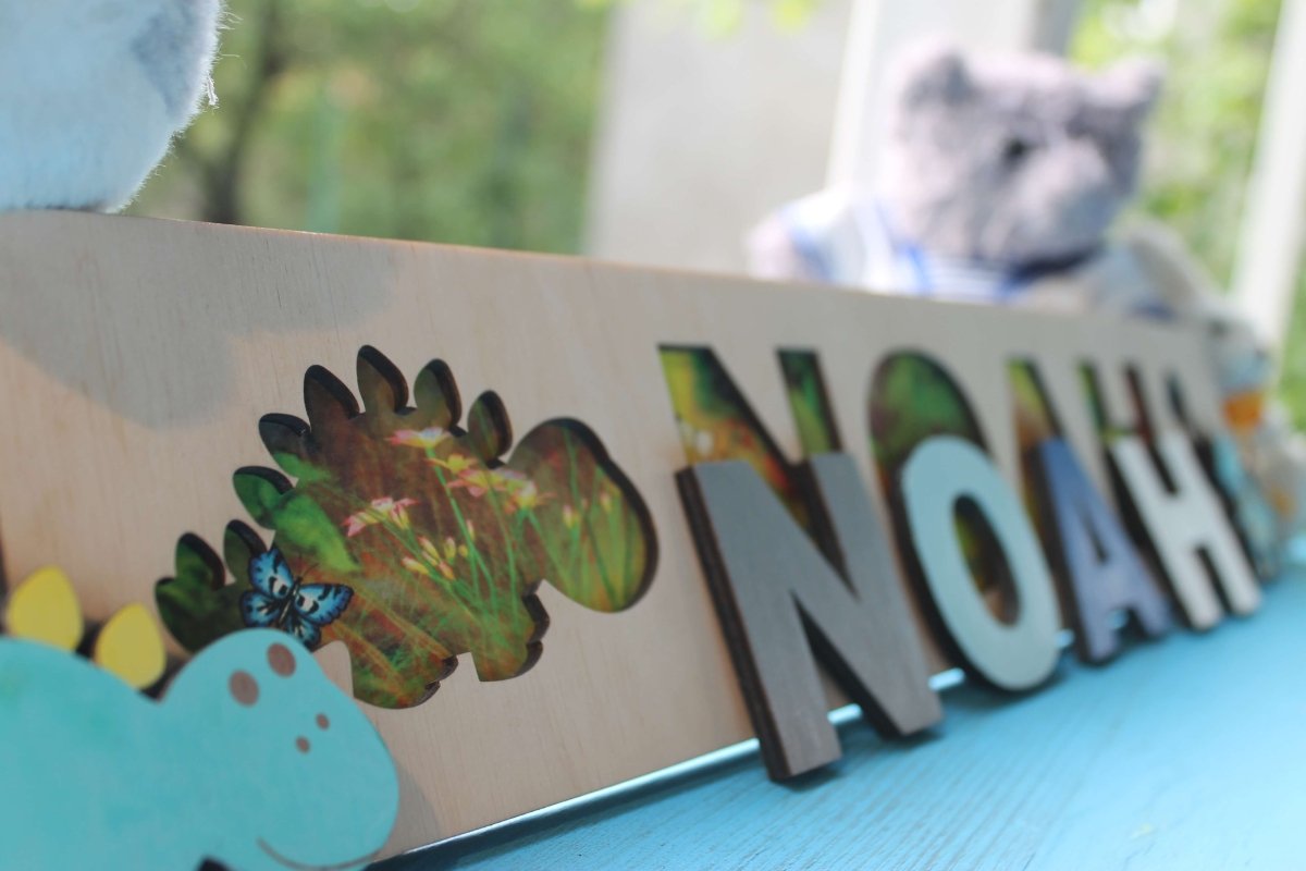 Personalized Wooden Toddler Name Puzzle Dino Shark Unicorn Cosmic Kid Theme Montessori Baby Toy Nursery Decor Gift Girl Boy