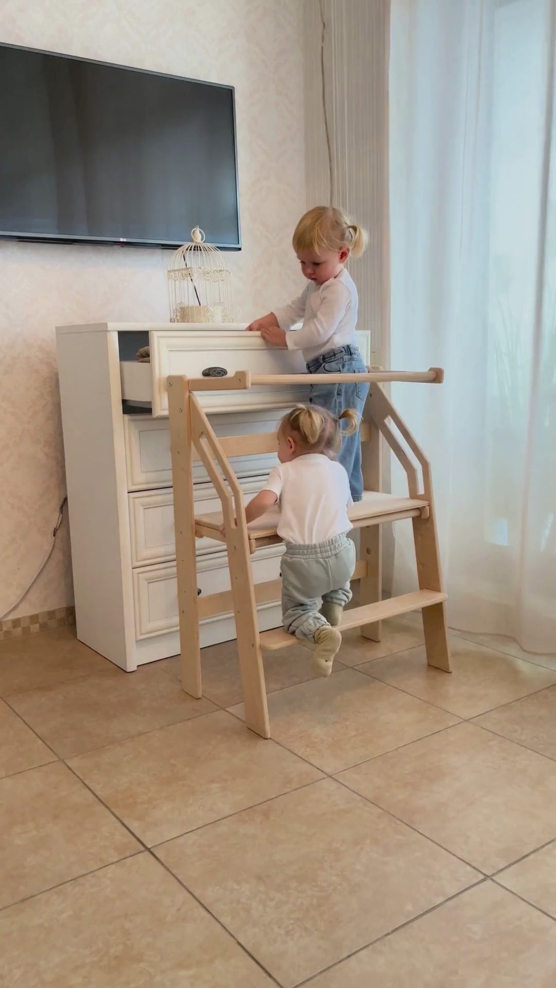 Montessori step stool for two kids with foldable design