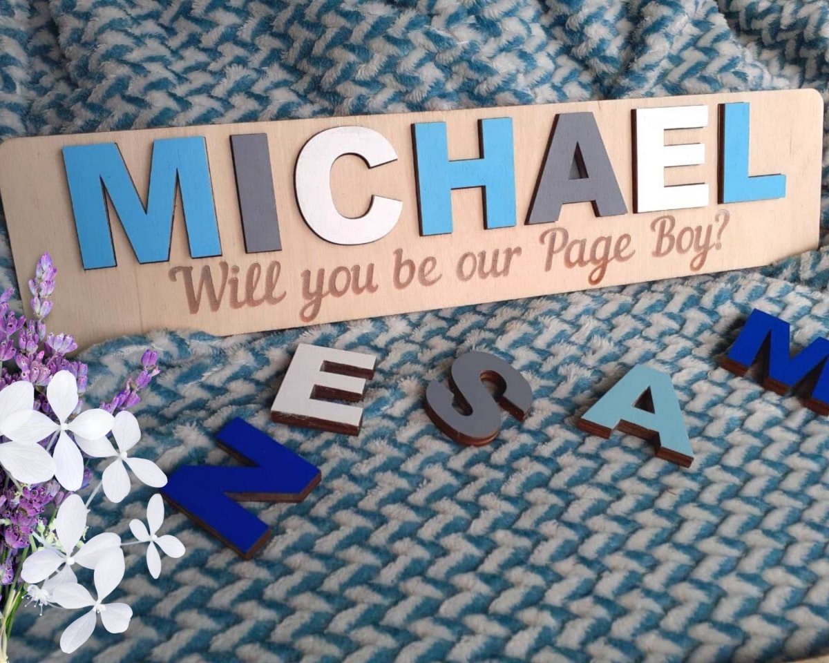 Ring Bearer Gift Flower Girl Proposal Page Boy Name Puzzle Personalized Wedding Party Kid Toddler Unique Idea White Blue Pink