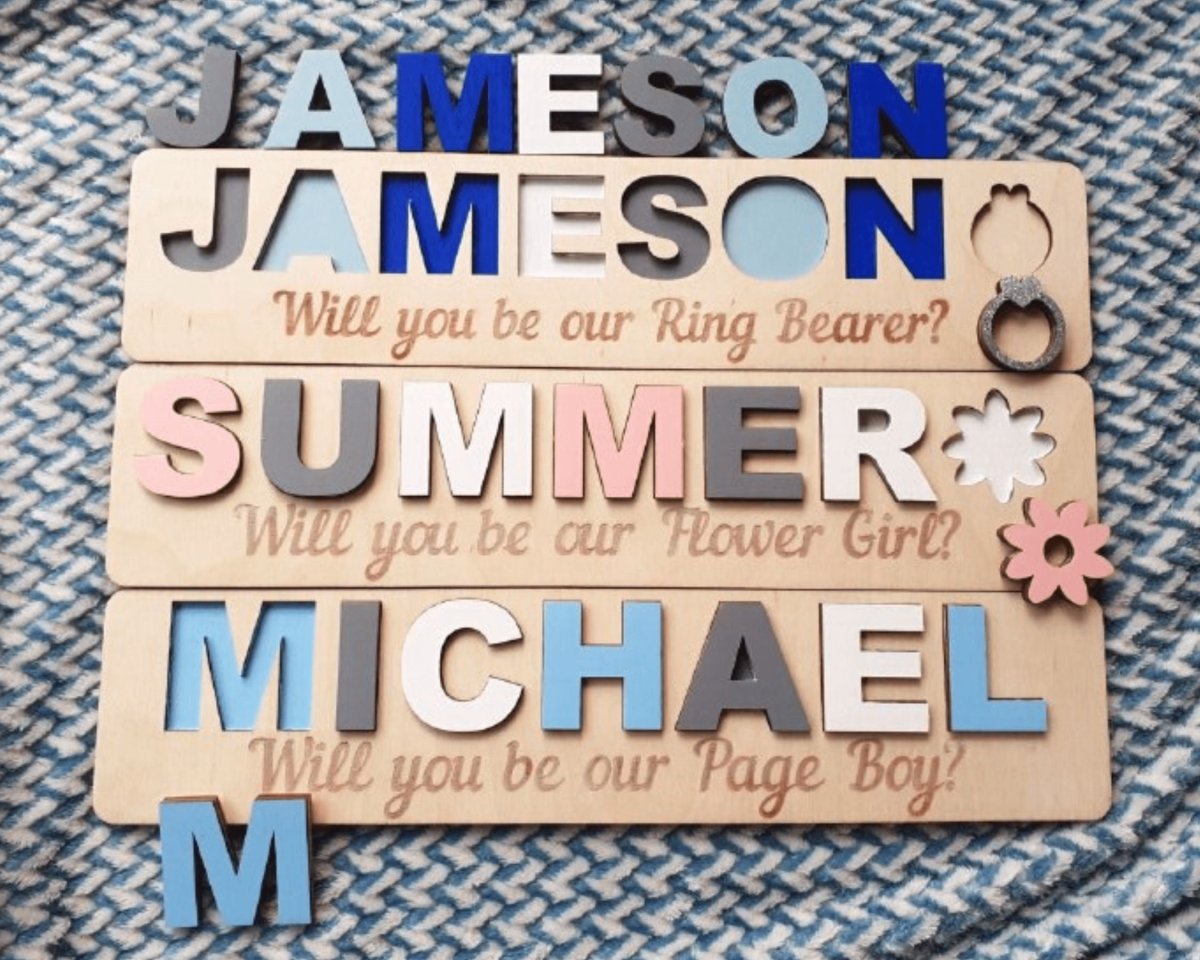 Ring Bearer Gift Flower Girl Proposal Page Boy Name Puzzle Personalized Wedding Party Kid Toddler Unique Idea White Blue Pink