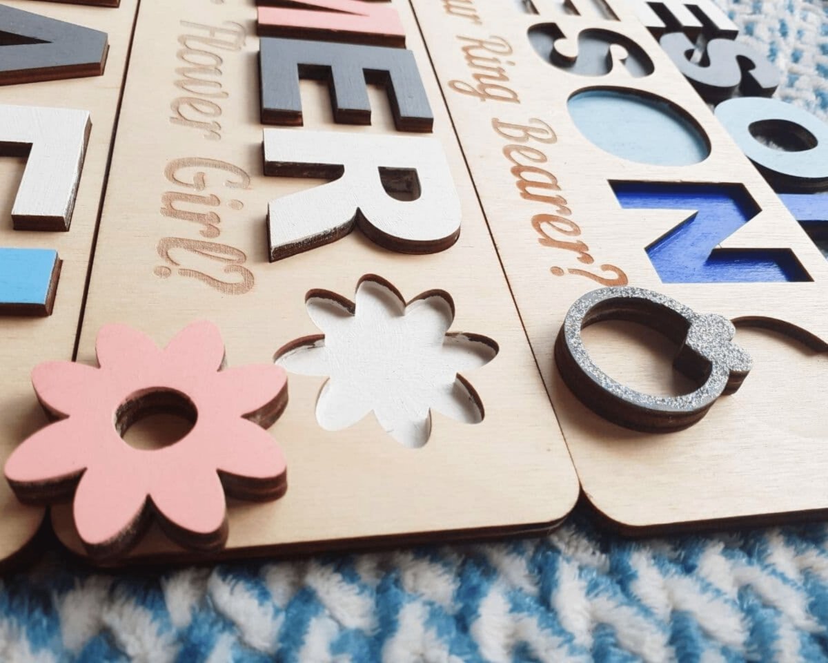 Ring Bearer Gift Flower Girl Proposal Page Boy Name Puzzle Personalized Wedding Party Kid Toddler Unique Idea White Blue Pink