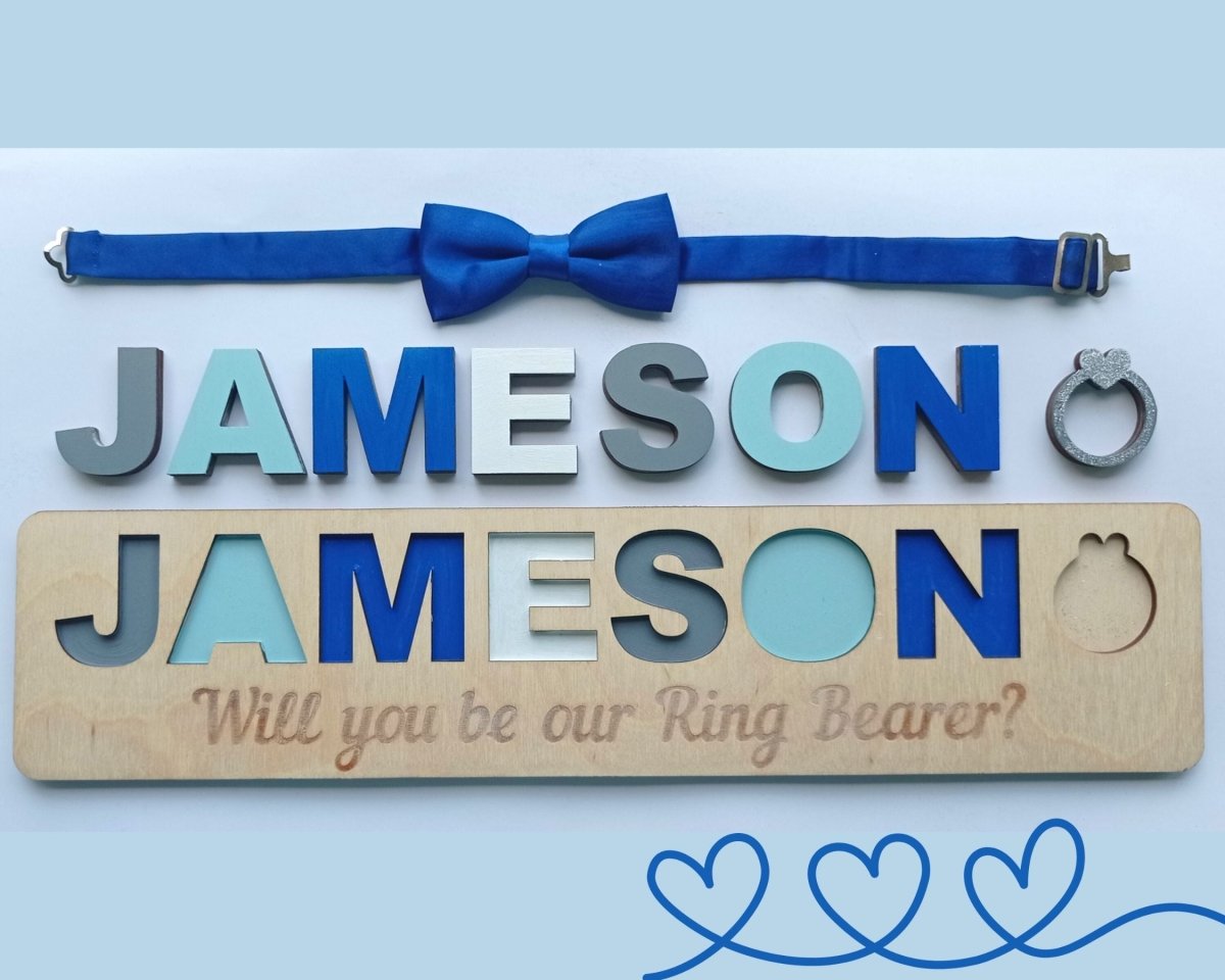 Ring Bearer Gift Flower Girl Proposal Page Boy Name Puzzle Personalized Wedding Party Kid Toddler Unique Idea White Blue Pink