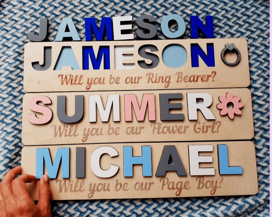 Ring Bearer Gift Flower Girl Proposal Page Boy Name Puzzle Personalized Wedding Party Kid Toddler Unique Idea White Blue Pink