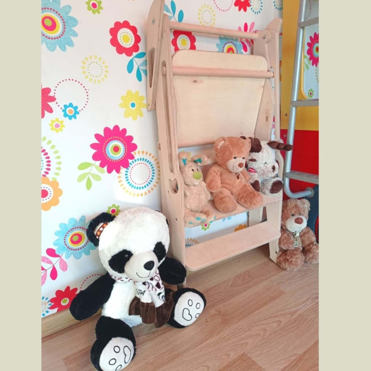 Foldable Montessori toddler tower in natural wood finish