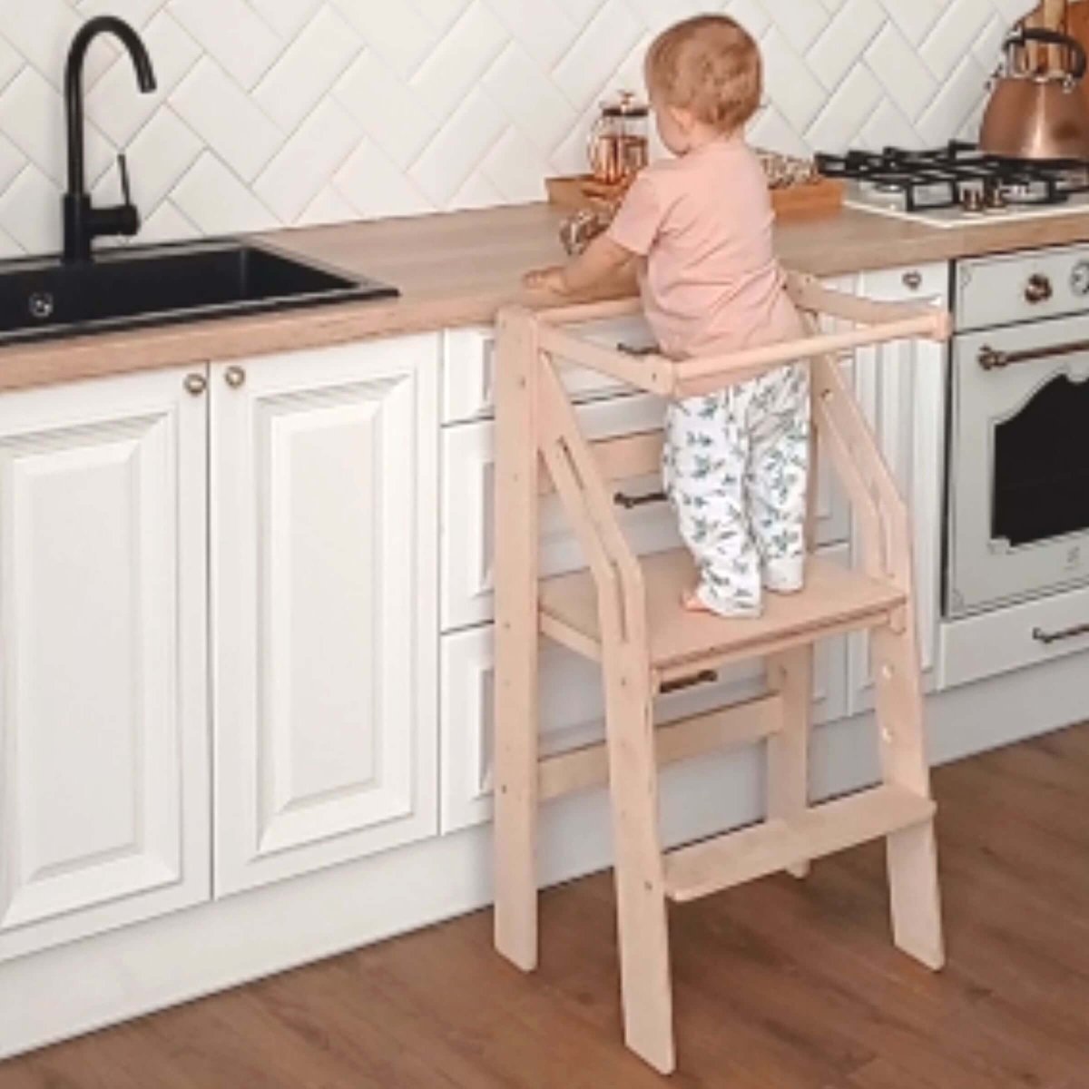Wooden toddler stool with step-up platform for kitchen use