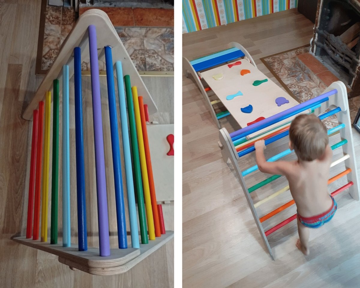 Natural wood jungle gym for toddler activity room