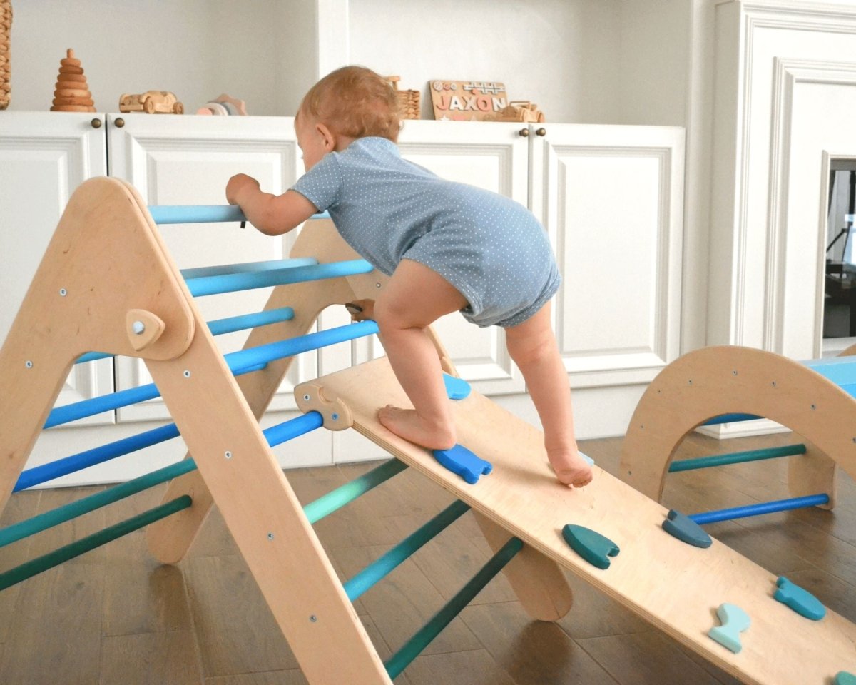 Montessori climbing gym with balance board in playroom