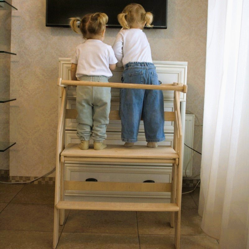 Twin toddler kitchen helper with two standing platforms