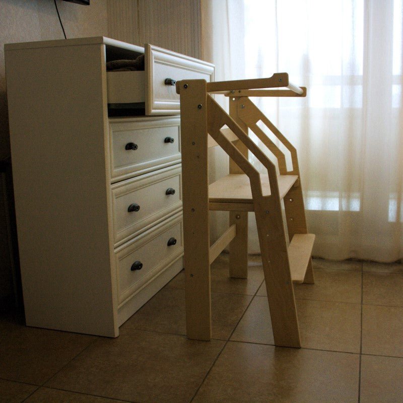 Twin-friendly Montessori tower with compact folding