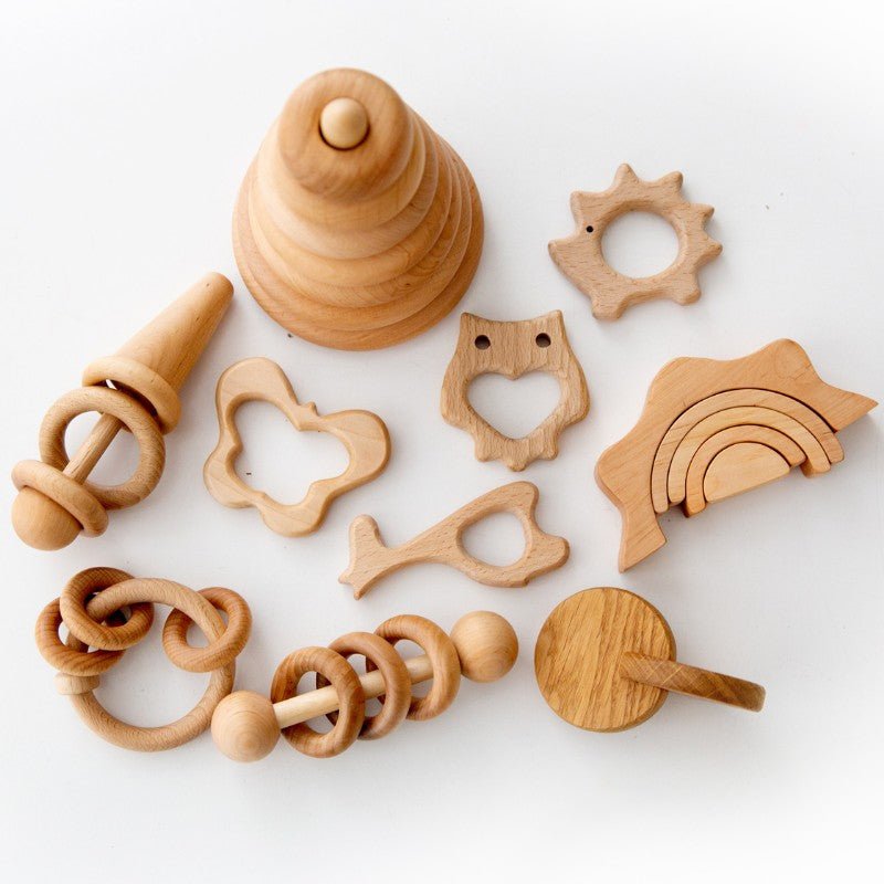 10 - piece set of natural wood Montessori inspired toys, birthday christmas baby gift 0 - 2 years