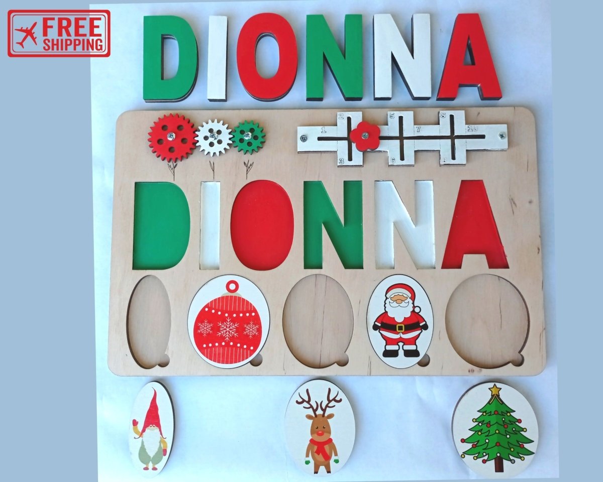 Baby first Christmas gift ideas Santa baby shower, wooden kids personalized custom name puzzle, toddler boy girl white black