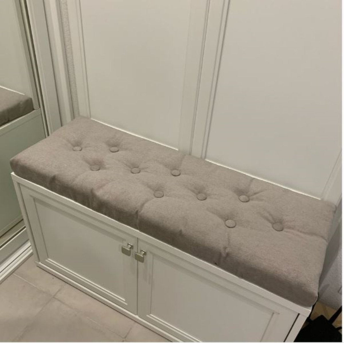 Cushion for shoes entryway bench with organize storage, custom small cabinet, changing seat