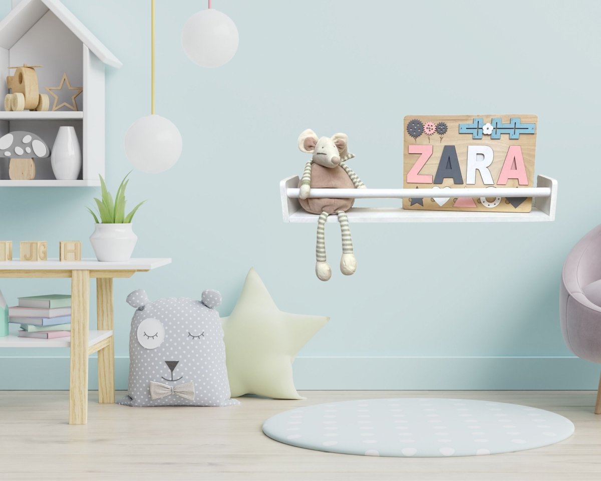 Minimalist Kids Wall Floating Wooden Book shelves for Nursery Storage Montessori Narrow Design Furniture in White Gray Green