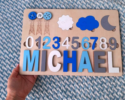 Montessori Number Toddler Name Puzzle Personalized Wooden Custom Learning Toy Gift for Girls Boys Ages 1 3 Blue White
