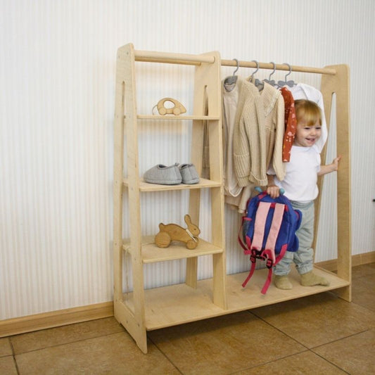 Montessori Toddler Wooden Wardrobe with Hangers: Kids Dress up Clothing Rack Storage Furniture for Baby Nursery