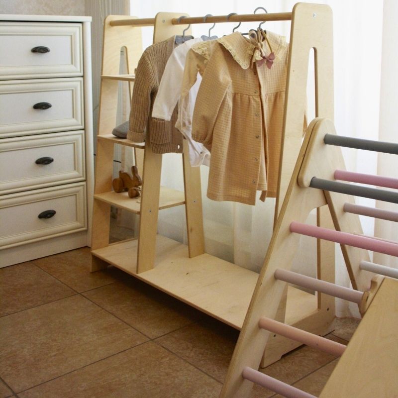 Montessori Toddler Wooden Wardrobe with Hangers: Kids Dress up Clothing Rack Storage Furniture for Baby Nursery