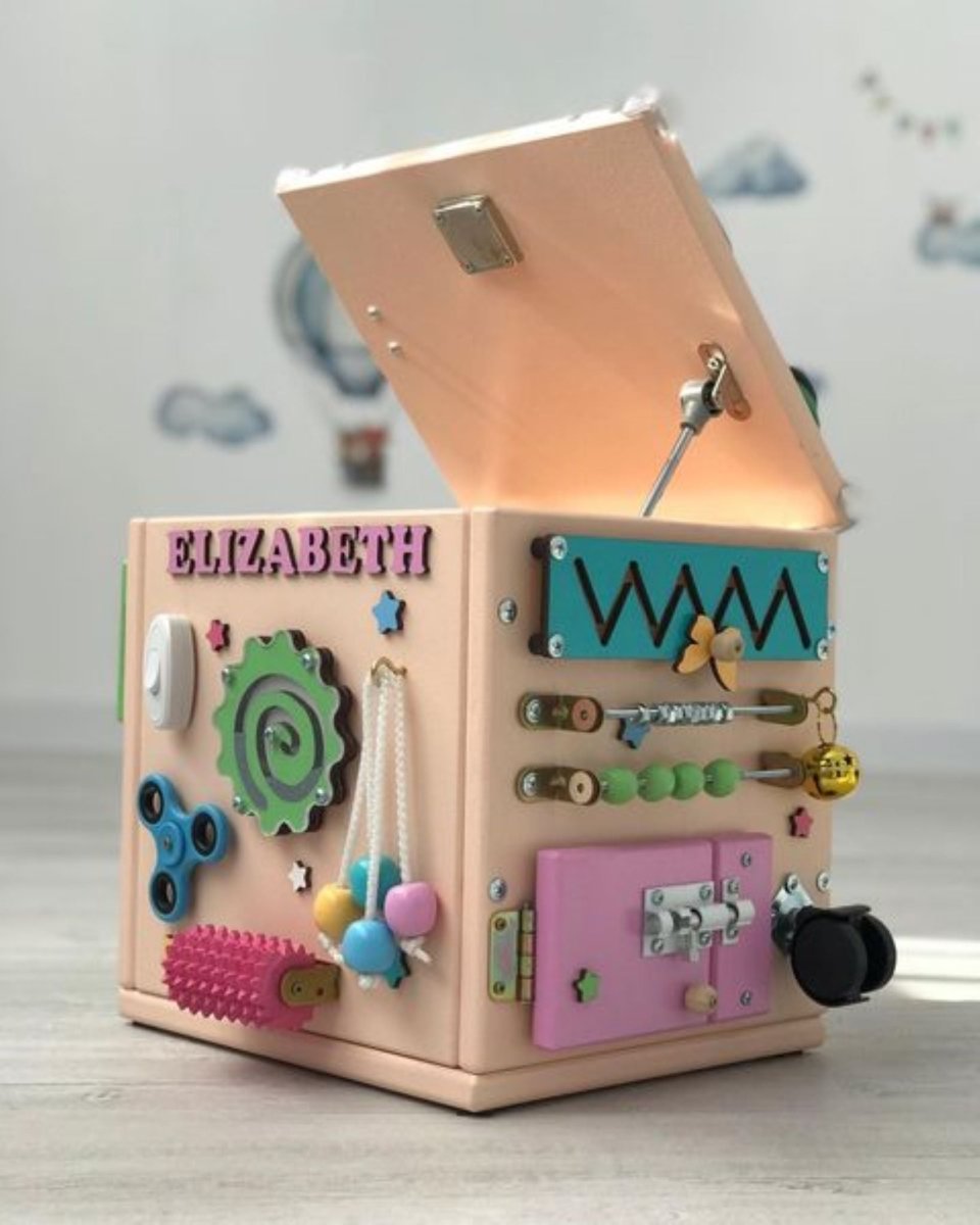 Personalized Busy Cube 9.8", Wood Playhouse for Toddlers, Montessori Furniture with LED Lights