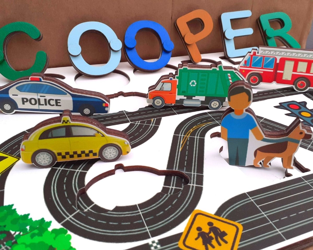 Personalized Track Name Toddler Puzzle Unique Gift Girl Boy Ages 1 3 Road Cars Kids Busy Board Montessori board Rainbow