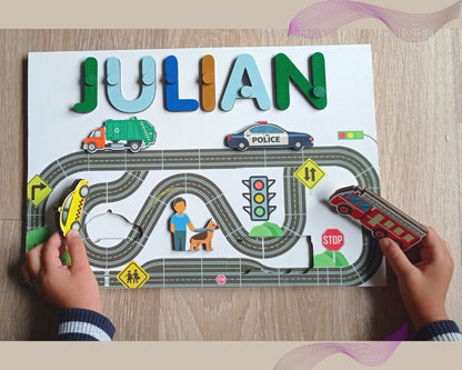 Personalized Track Name Toddler Puzzle Unique Gift Girl Boy Ages 1 3 Road Cars Kids Busy Board Montessori board Rainbow