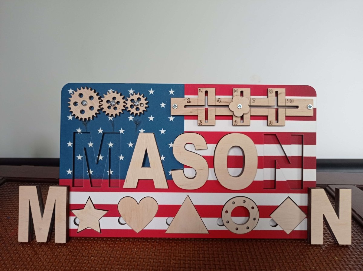 Personalized USA Flag Busy Board and Baby Name Puzzle Unique American Birthday Gift Girl Boys Ages 1 3 Red White Blue