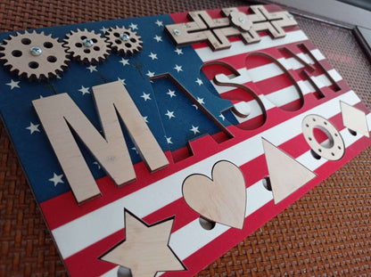 Personalized USA Flag Busy Board and Baby Name Puzzle Unique American Birthday Gift Girl Boys Ages 1 3 Red White Blue