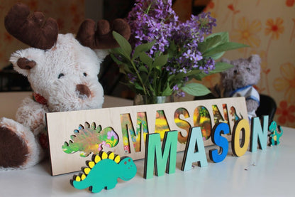 Personalized Wooden Toddler Name Puzzle Dino Shark Unicorn Cosmic Kid Theme Montessori Baby Toy Nursery Decor Gift Girl Boy
