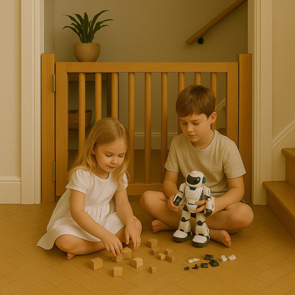 Modern Baby Pet Safety Gate Adjustable Wooden Barrier for Stairs and Doorways.