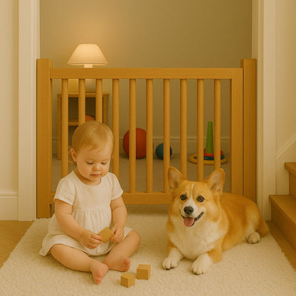 Modern Baby Pet Safety Gate Adjustable Wooden Barrier for Stairs and Doorways.