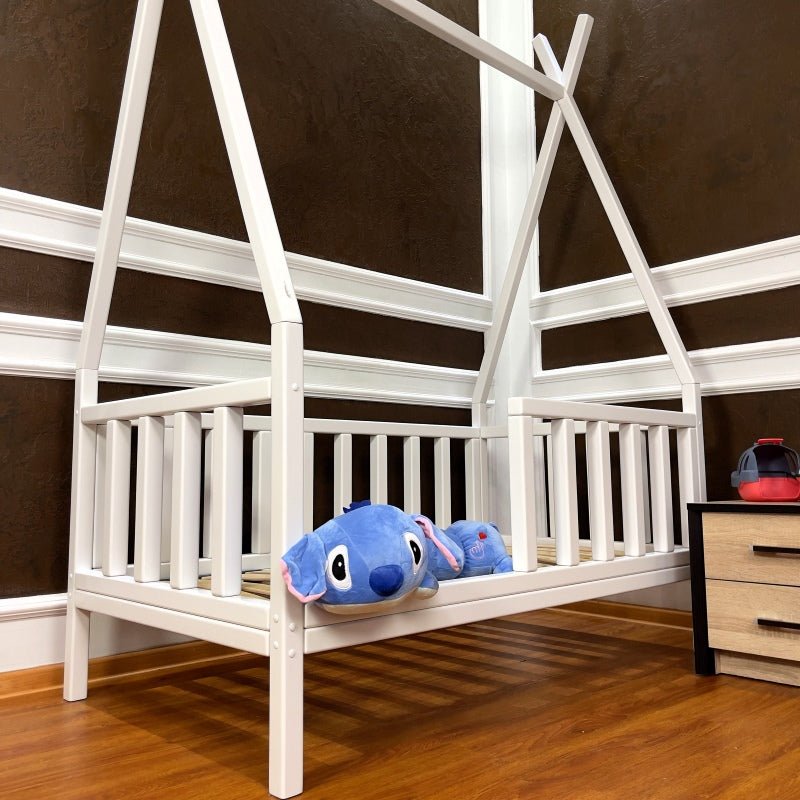 Platform Floor Tent Bed, Crib Baby, Toddler and Kids, twin full size with rails, natural wood - White