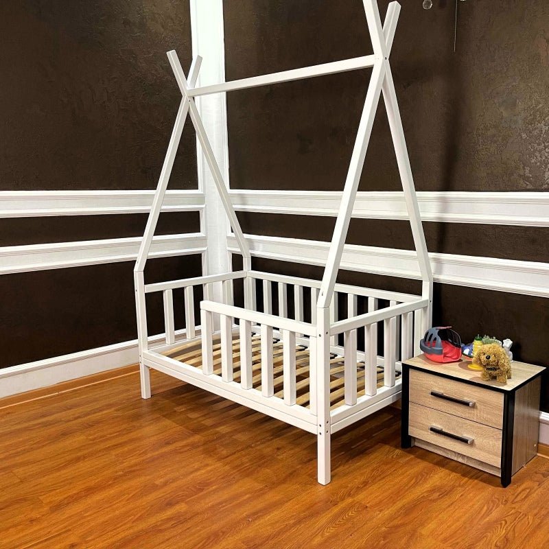 Platform Floor Tent Bed, Crib Baby, Toddler and Kids, twin full size with rails, natural wood - White