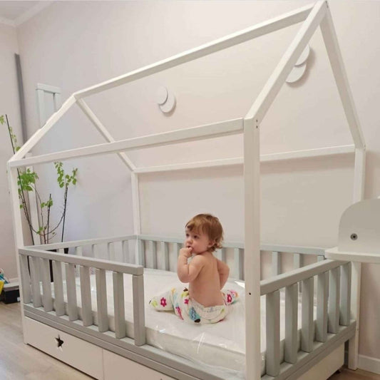 Platform Montessori Floor Tent Bed, Crib Baby, Toddler and Kids, twin full size with rails, natural wood
