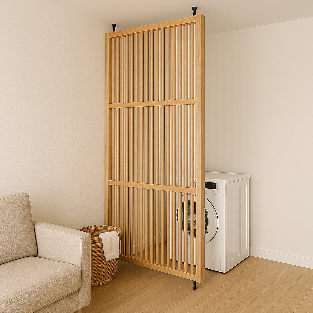 wood slat room divider used as temporary wall