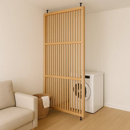 wood slat room divider used as temporary wall